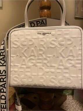 Karl Lagerfeld White Embossed Logo Crossbody Bag with Branded Strap